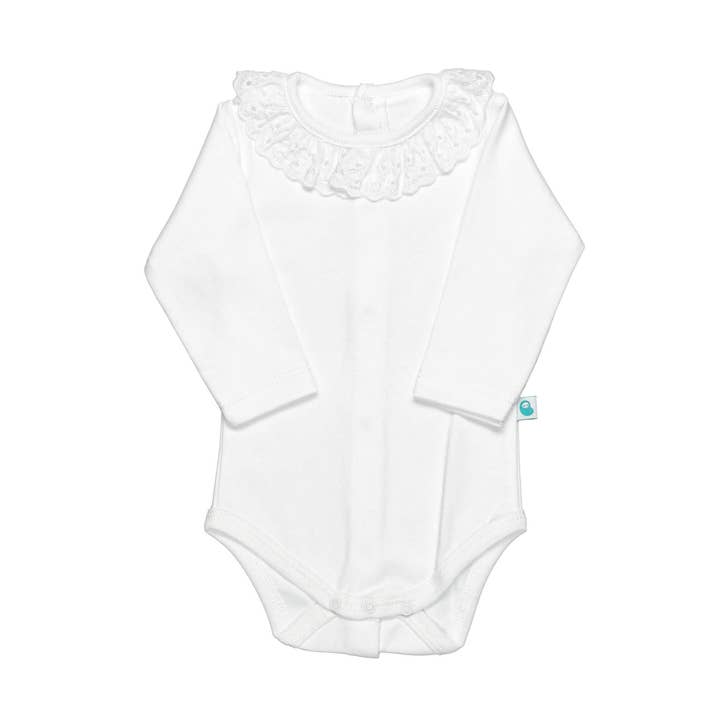 Cotton Baby Bodysuit with Round English Embroidered Collar for wholesale by Bean Baby Clothes