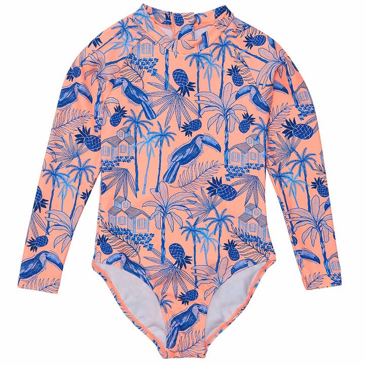 Tropicana Vacay Sustainable LS Surf Suit for wholesale by Snapper Rock Swimwear UPF50+