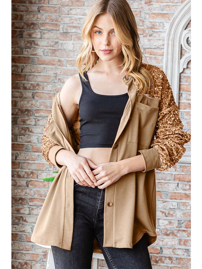 7th Ray - Wholesale Shirt Jacket/Shacket - Women's - Sequin Contrast Knit Shacket for Women T5353