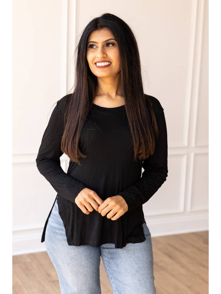 Not Your Basic Black Long-sleeved Side Split Top for wholesale on Faire1