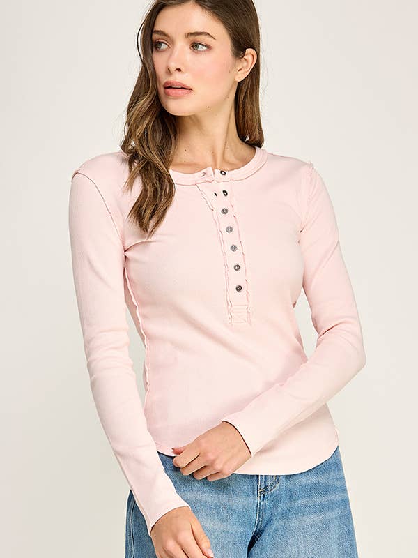 GEWASSEN HENLEY RIB LANGE MOUWEN TOP voor wholesale door Miss Love
