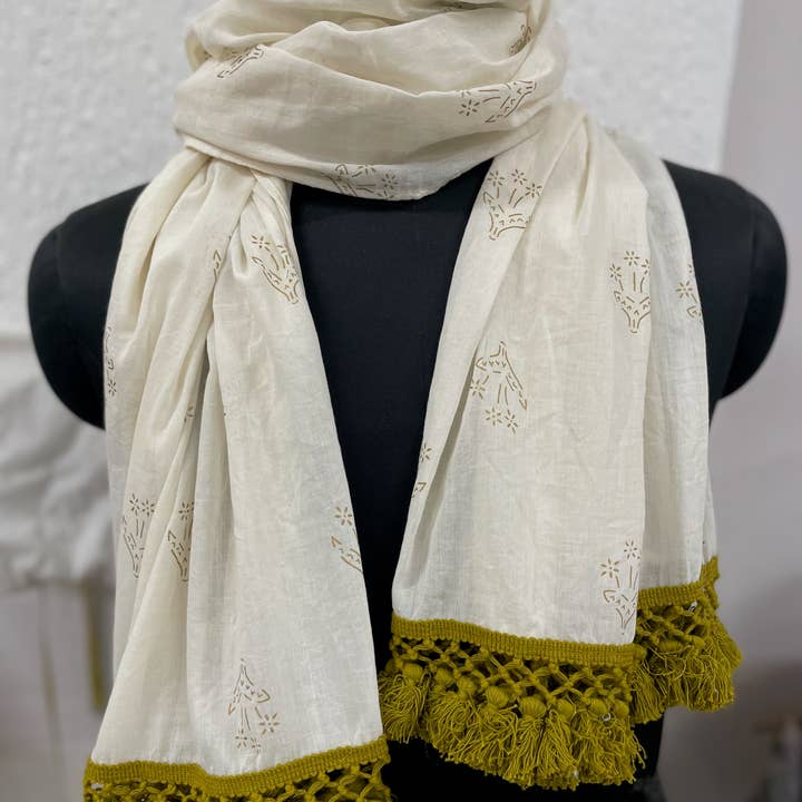 Sewing New Futures, Inc - Wholesale Scarf - Women's - Cream-Golden Woven Cotton Long Scarf3