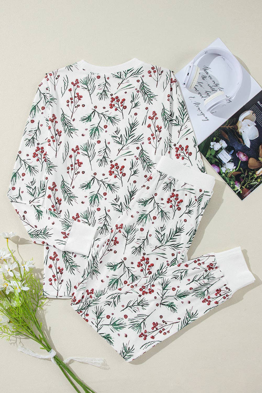 White LALALOO Christmas Holly Top and Pants Lounge Set for wholesale on Faire5