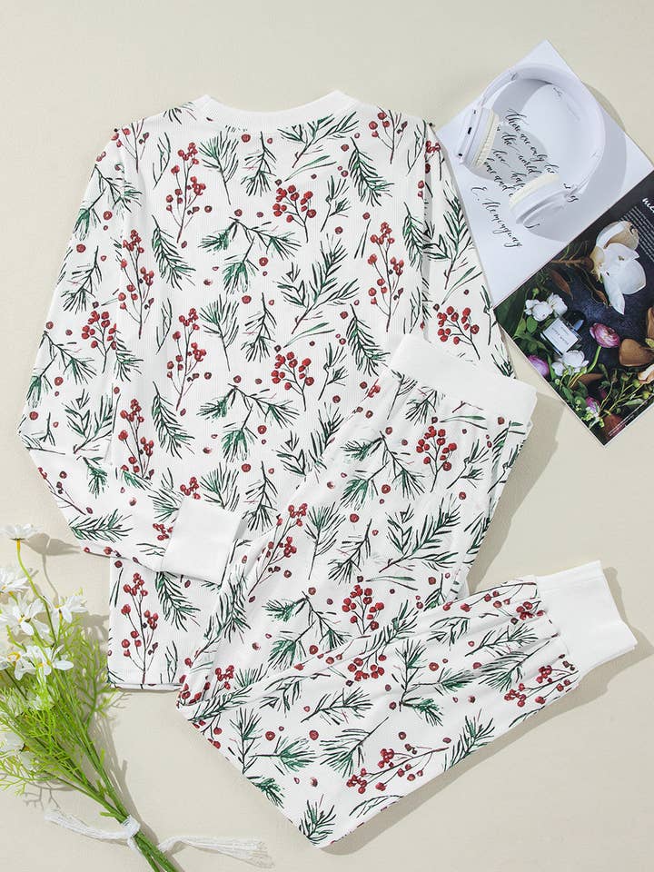 White LALALOO Christmas Holly Top and Pants Lounge Set for wholesale on Faire5
