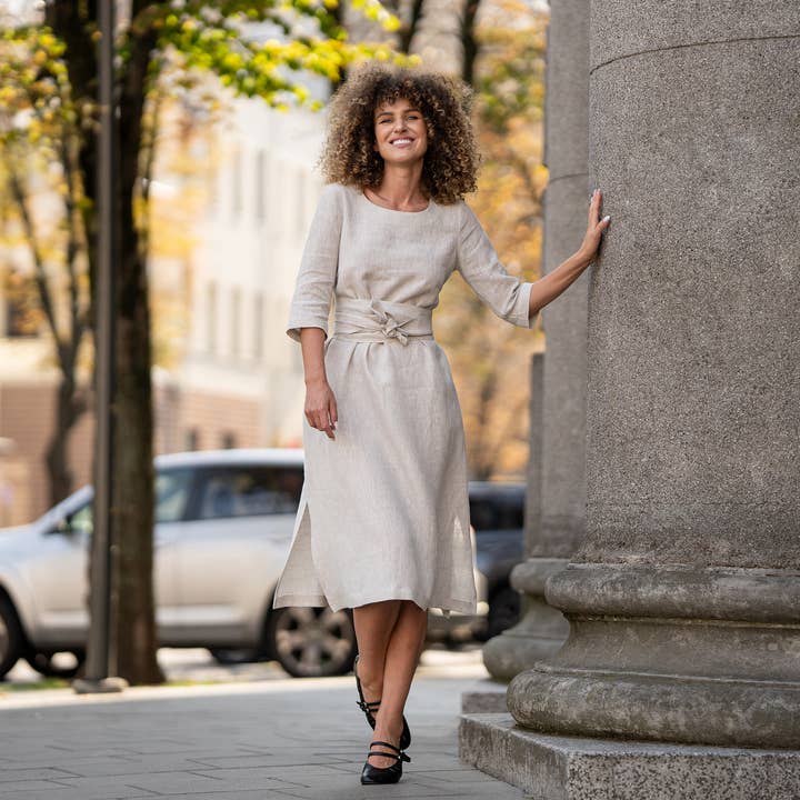 Natural Linen Dress 3/4 Obi Wrap Dress Miley for wholesale by menique