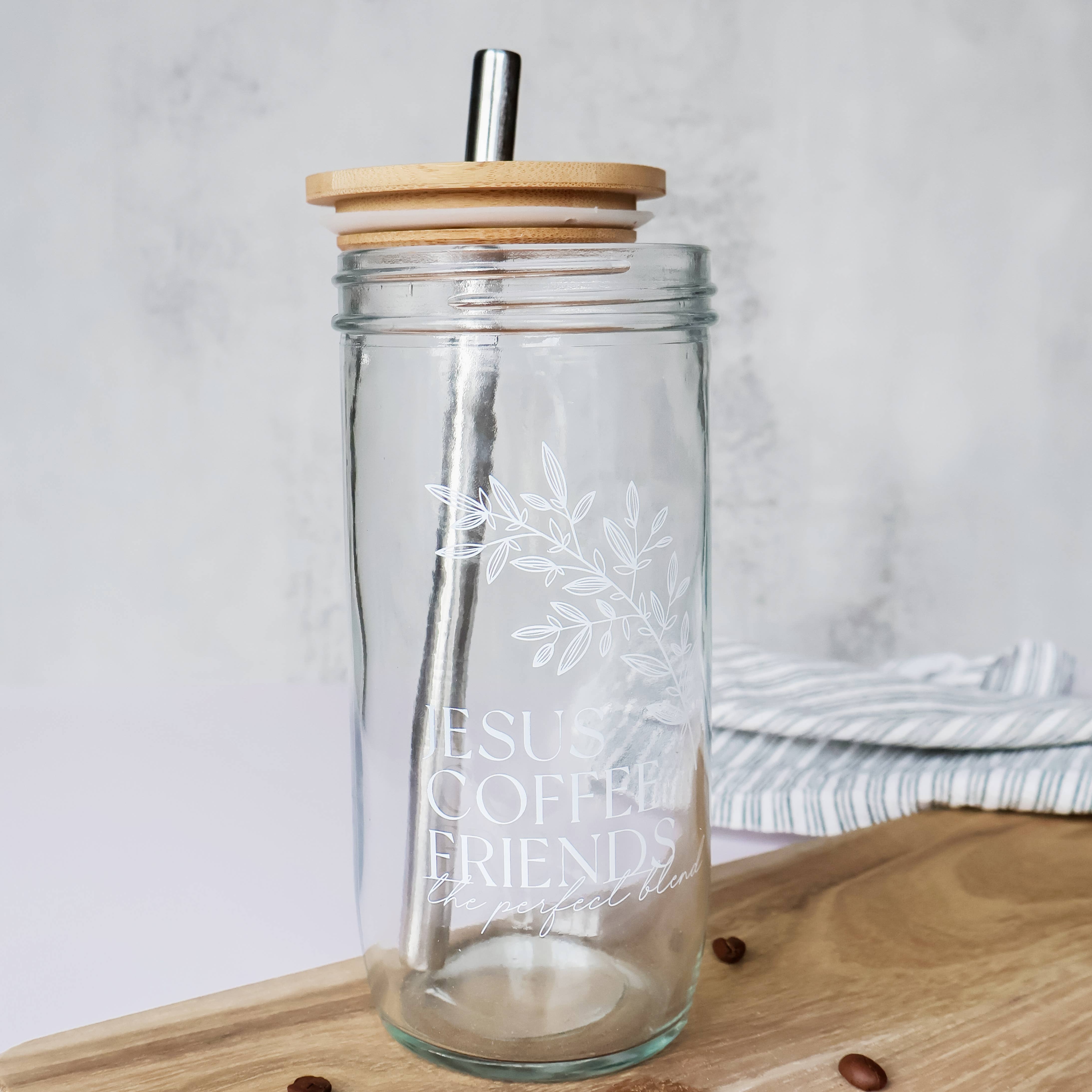 Grace and Joy Company - Wholesale Drinking Glass/Cup - Jesus, Coffee and Friends Floral Glass Tumbler + Bamboo Lid6