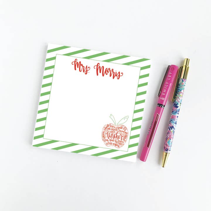 Personalized Striped Teacher Notepad for wholesale by The Redheaded Camel
