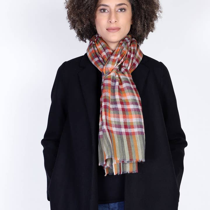 A Brand by Shivani LLC - Wholesale Scarf - Women's - Fall Spice Plaid Scarf - Green Orange