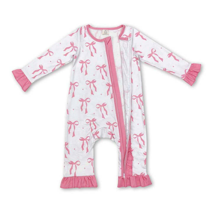 Yawoo Garments - Wholesale Jumpsuit - Baby - Long sleeves pink bow baby girls bamboo zipper romper