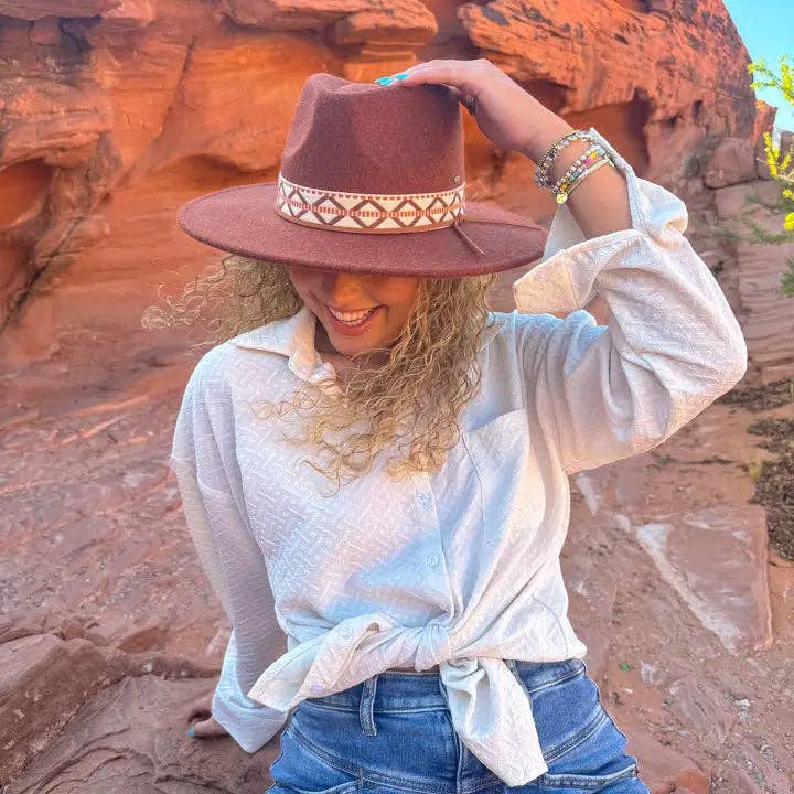 Heather Rust Geometric Band C.C Vegan Felt Hat VFE0005 for wholesale on Faire1