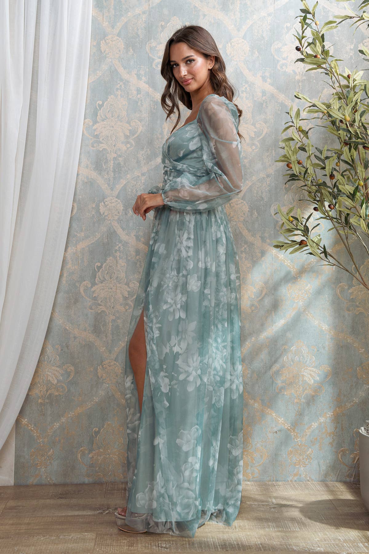 Rosemore Couture - Wholesale Gown - Women's - LONG SLEEVE FLORAL MESH PRINT MAXI 9