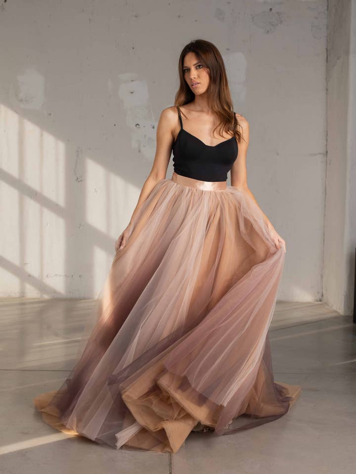 Ombre tyl brudekjole med slæb, A-line brudenederdel for engroshandel hos RALELE EOOD