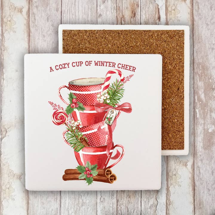 Avery Lane Gifts - Wholesale Coasters - Christmas Tea Cups Winter Cheer Stone Coaster