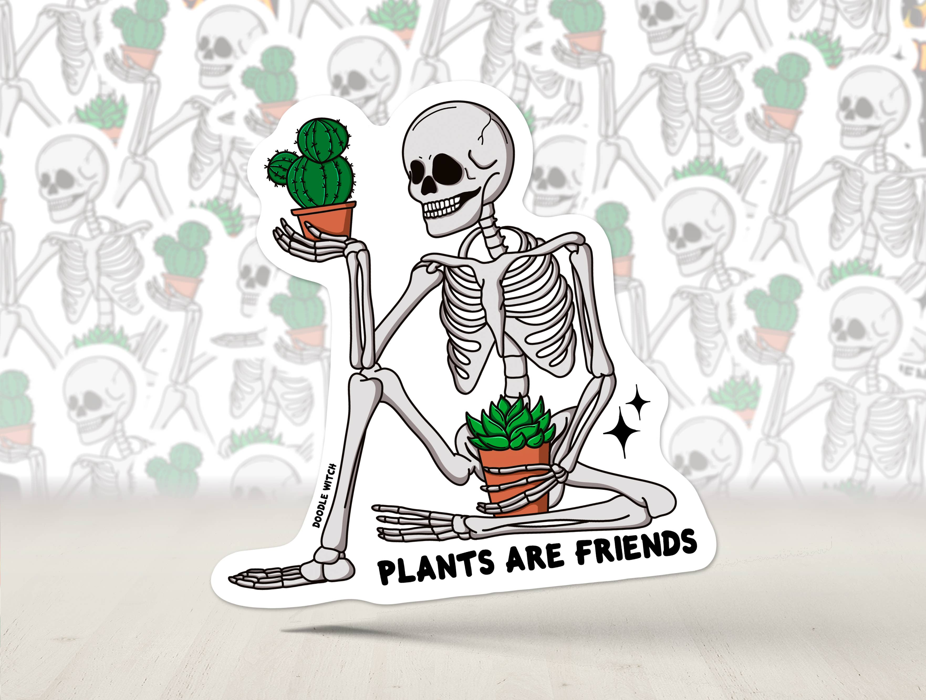 DoodleWitch - Wholesale Sticker - Plants Are Friends Sticker, Plant Lover Sticker, Skeleton