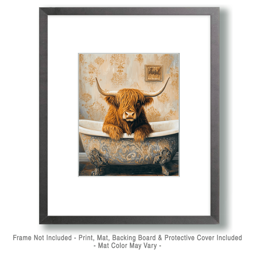 Mowbi - Vente Affiche d'art - Vache Highland dans la baignoire - Impressions d'art mural pour salle de bain – Œuvre 8″x10″ pour cadre 11″x14″1