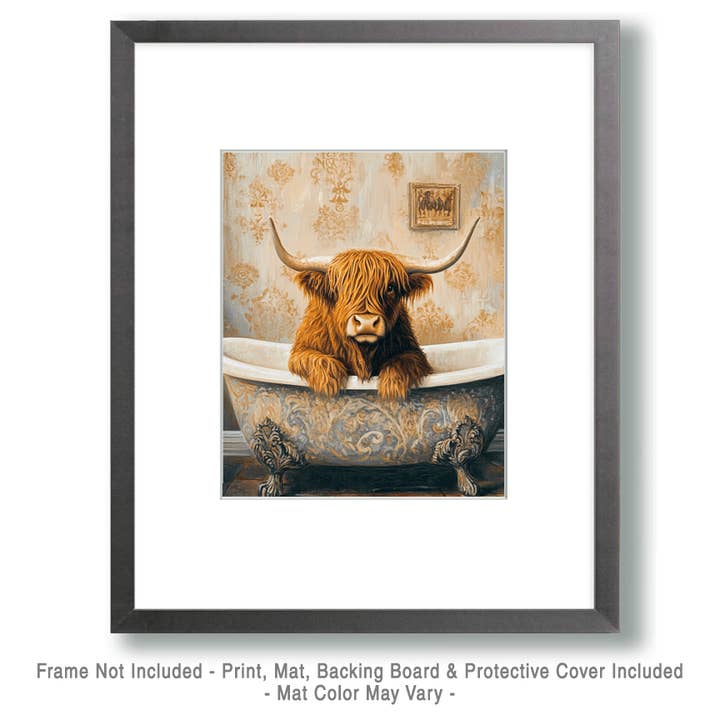 Mowbi - Wholesale Art Print - Highland Cow in Bathtub - Bathroom Wall Art Prints – 8″x10″ Artwork for 11″x14″ Frame1