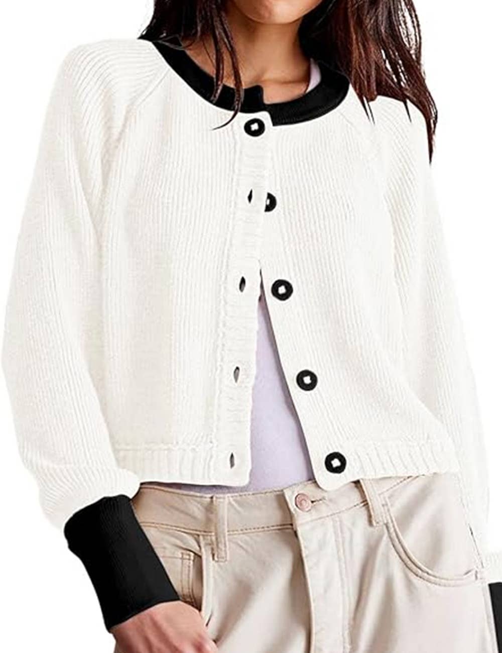 Sweetkama - Vente Cardigan – femme - Gilet à manches longues avec boutons, col rond et blocs de couleur pour femmes7