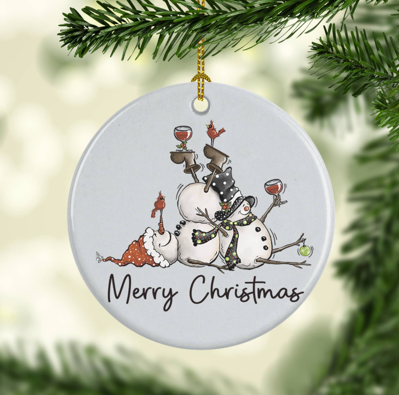 SHY Designs, LLC - Wholesale Ornament - Merry Christmas Snowmen with Wine Ceramic Ornament