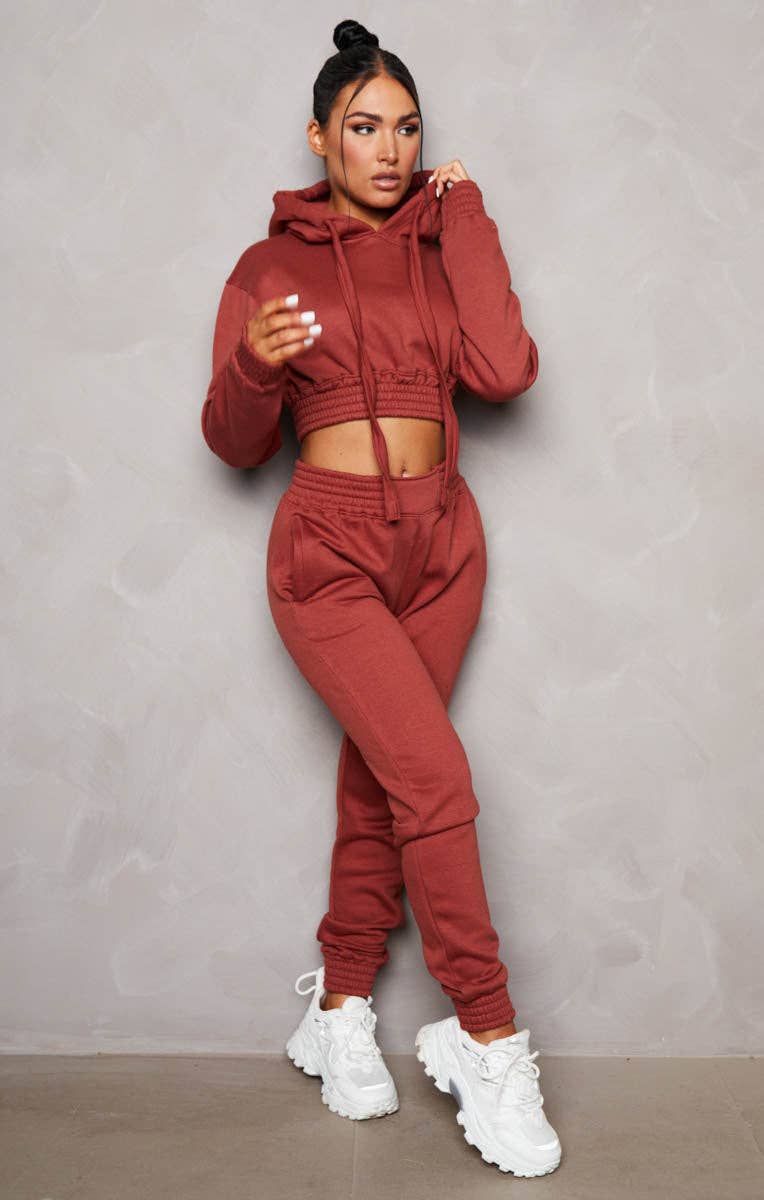 Femme Luxe – wholesale Lounge set – Women's – Rust Long Sleeve Crop Hoodie High Waisted Joggers Shirred Detail Fleece Loungewear Set - Costella7