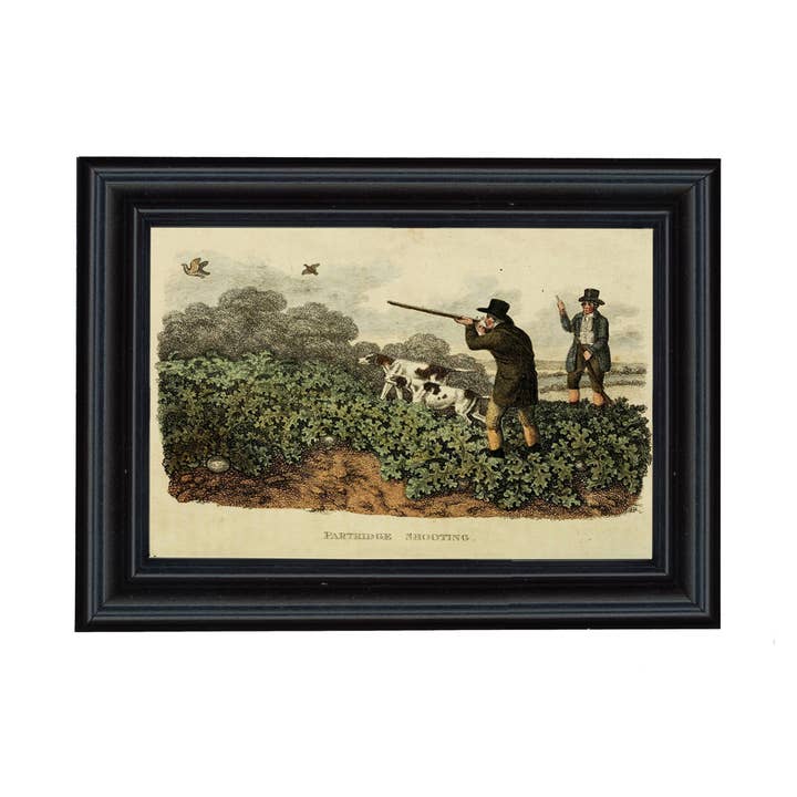 Partridge Hunting Color Print Behind Glass in Black Frame for wholesale by Madison Bay Co. - Historical Home Decor Reproductions