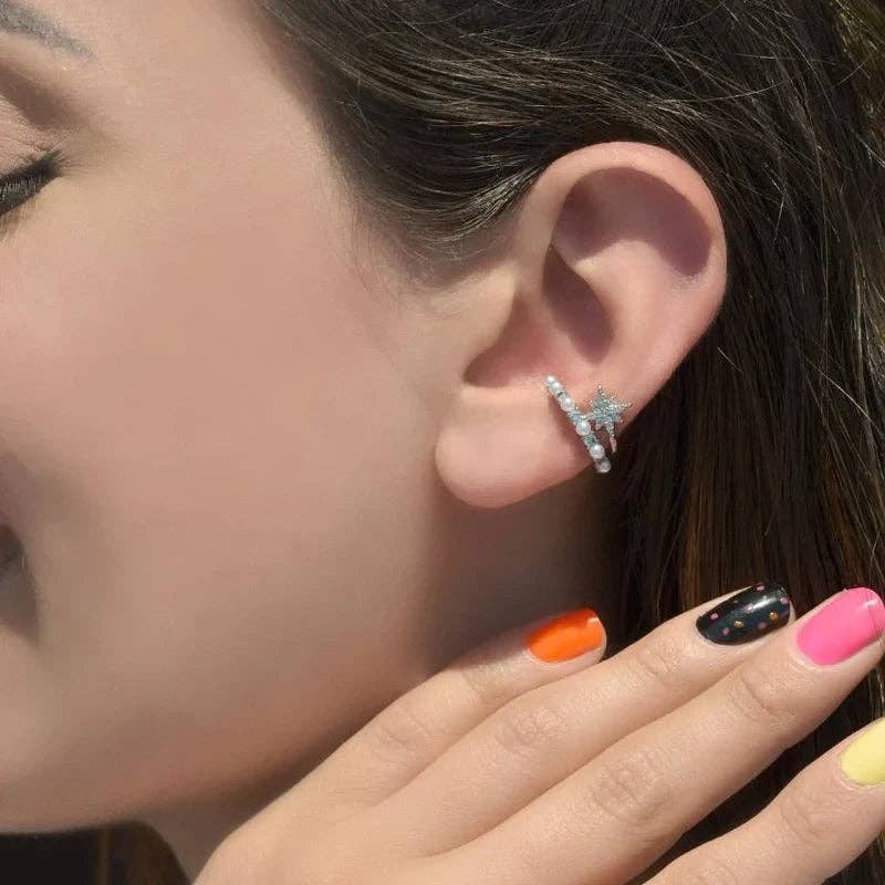 StockJWL – wholesale Cuff/wrap earrings – Mini Pearl Ear Cuff Compression Cartilage Earrings with Polar Star Detail6