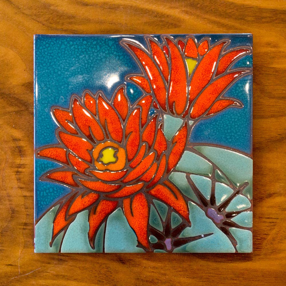 Carly Quinn Designs - Wholesale Wall Accent - Hedgehog Cactus Desert Bloom Hand Glazed Fine Art Tile Trivet