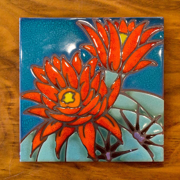 Carly Quinn Designs - Wholesale Wall Accent - Hedgehog Cactus Desert Bloom Hand Glazed Fine Art Tile Trivet0