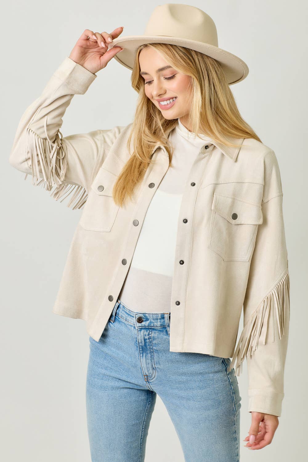 Mystree - Vendita all'ingrosso Giacca a camicia - Donna - 20609 Giacca Camicia in Suede con Dettaglio sul Retro a Frange1