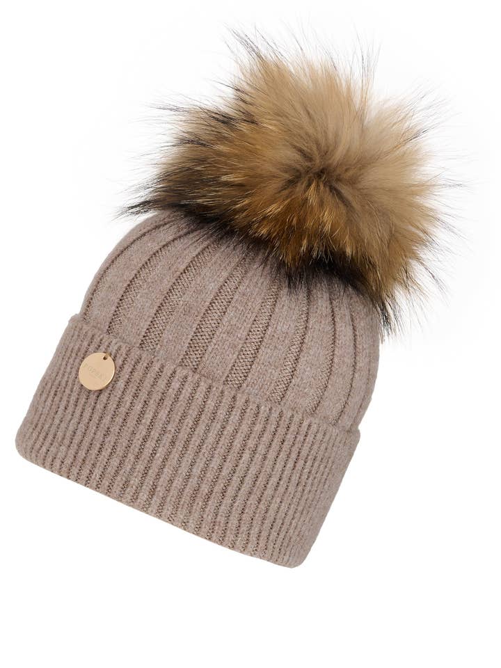Adults Soft Fawn Angora Beanie Hat with Pom Pom Natural for wholesale by Popski London