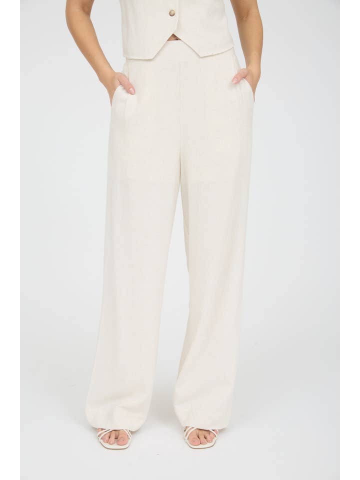 OATMEAL HIGH WAIST WIDE LEG LINEN PANTS for wholesale on Faire
