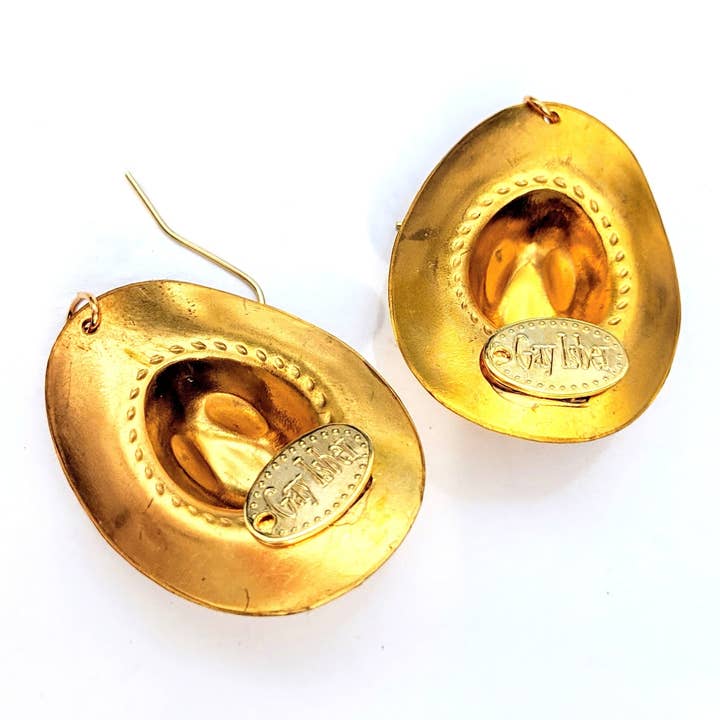 Gay Isber Designs - Wholesale Dangle Earrings - 3d Brass Cowboy Hat Earrings Brass Gay Isber USA Made 100% Gift Bag