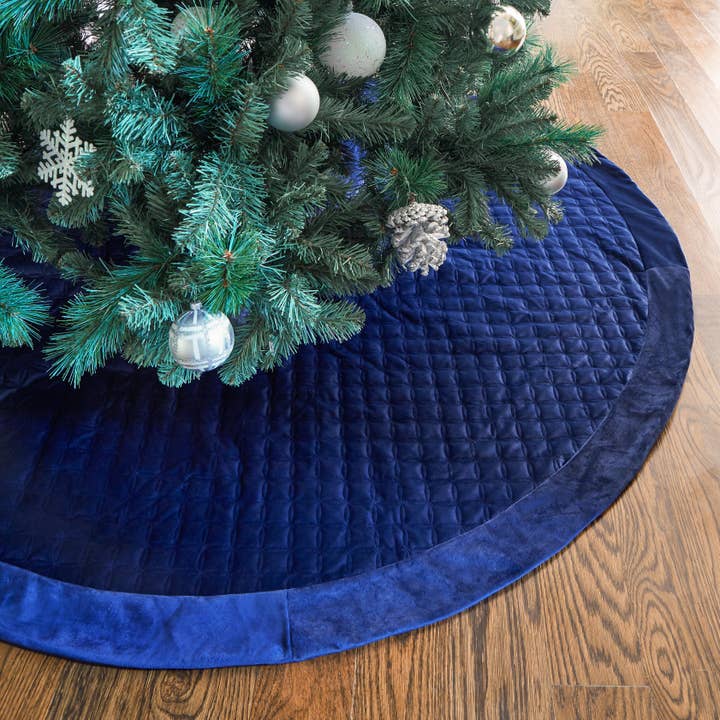 Star Quilted Velvet Christmas Tree Skirt, Navy Blue - 60" for wholesale by Gigi Seasons
