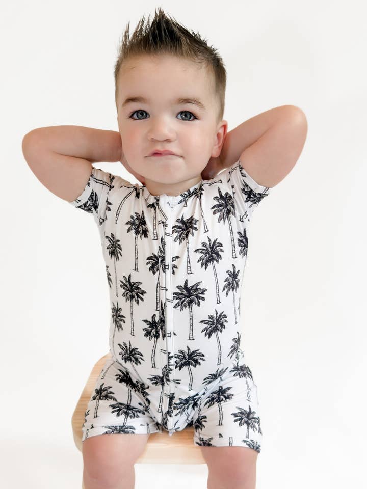 Bamboo Shorty Romper  | Palm Style White for wholesale by Lucky Panda Kids