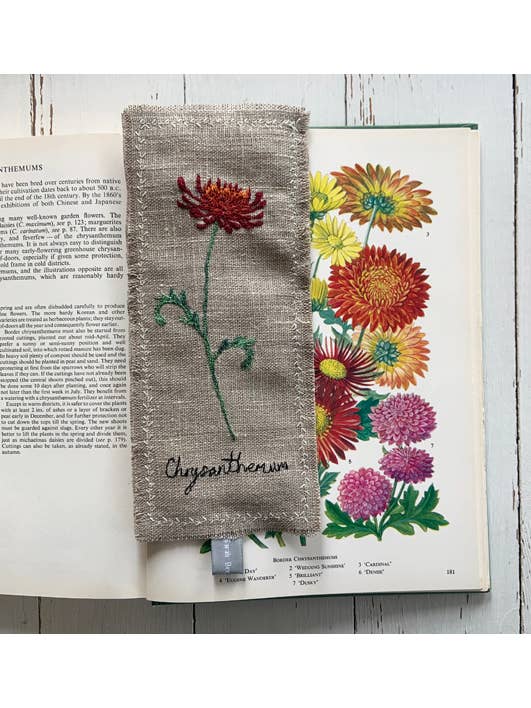 Chrysanthemum Flower Embroidered Bookmark for wholesale by Sarah Becvar Design