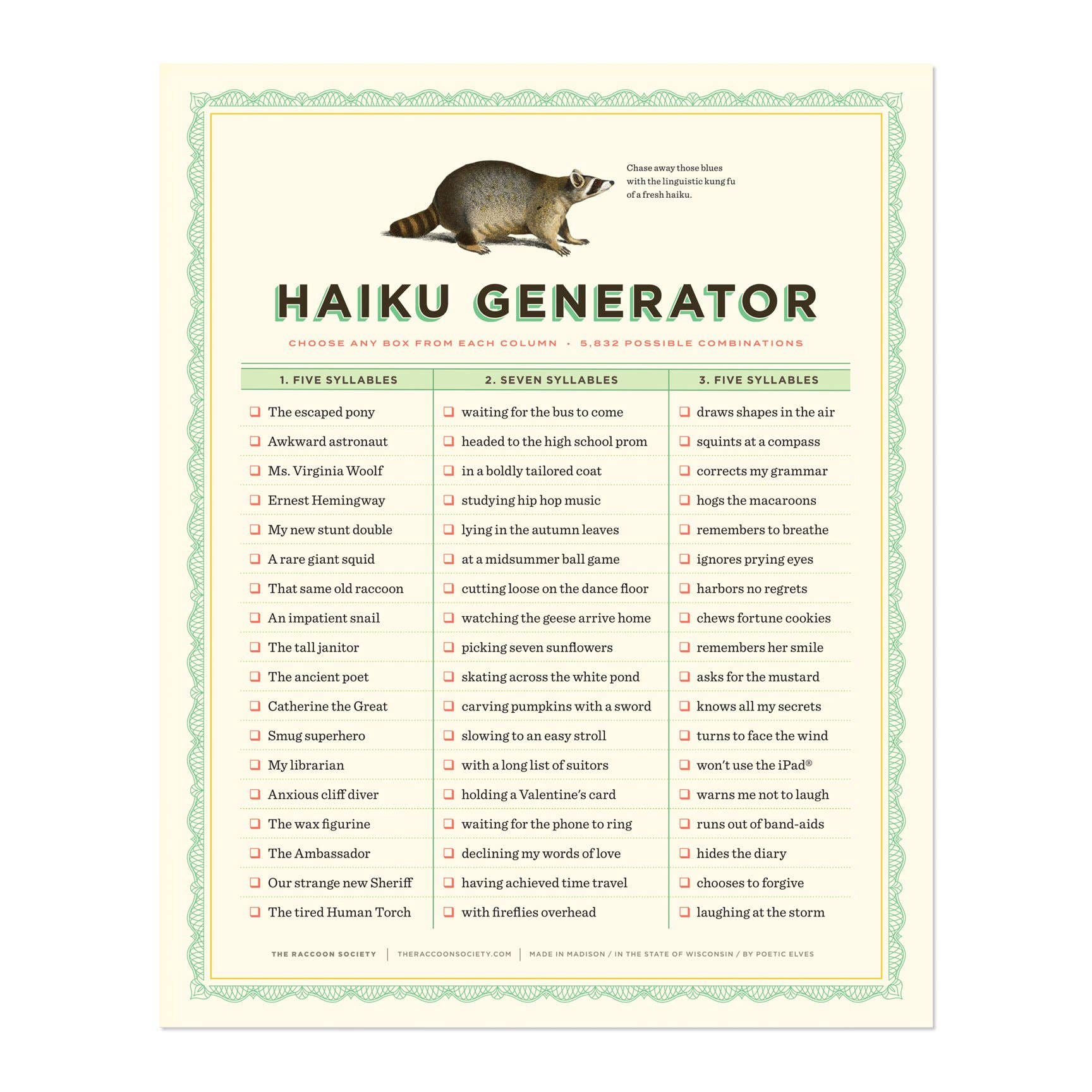 The Raccoon Society - Vendita all'ingrosso Stampa artistica - Stampa artistica «Haiku Generator»1