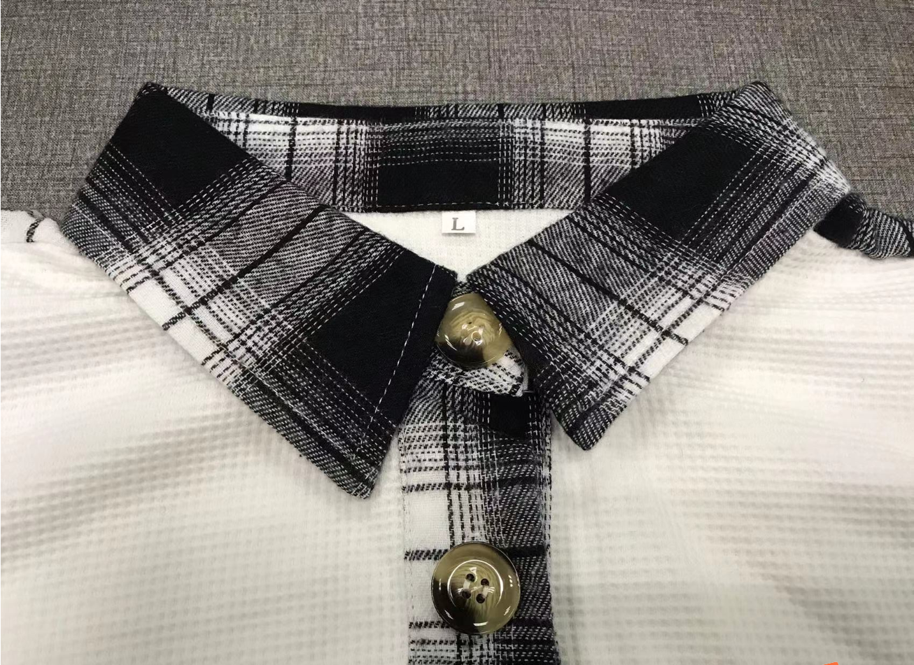 Sweetkama - Wholesale Button Down Shirt - Women's - Ladies Plaid Waffle Splice Botton Down Shirt 683216