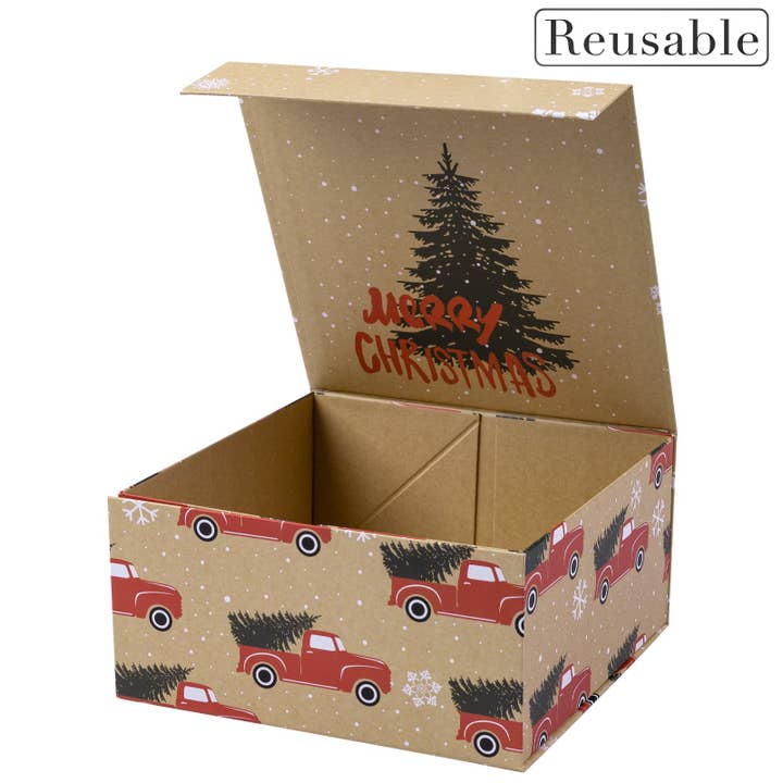 LA Ribbons Wholesale - Vendita all'ingrosso Confezioni regalo - Scatola regalo pieghevole per le festività 8" x 8" x 4" con 2 fogli di carta velina bianca e coperchio con patta magnetica quadrata | Camion rosso e albero di Natale5