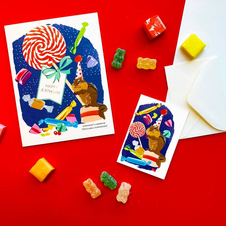 Driscoll Design - Wholesale Birthday Card - Chipmunk & Candy Enclosure Card