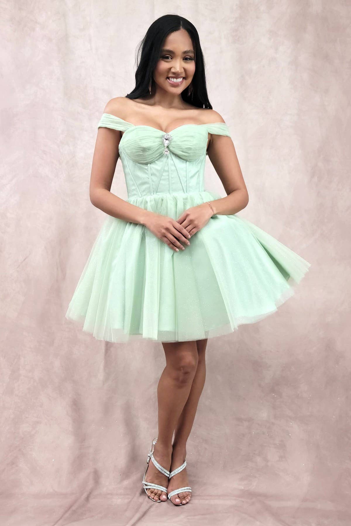 Chicas - Wholesale Dress - Women's - Short Off The Shoulder Tulle Dress With Brooch2
