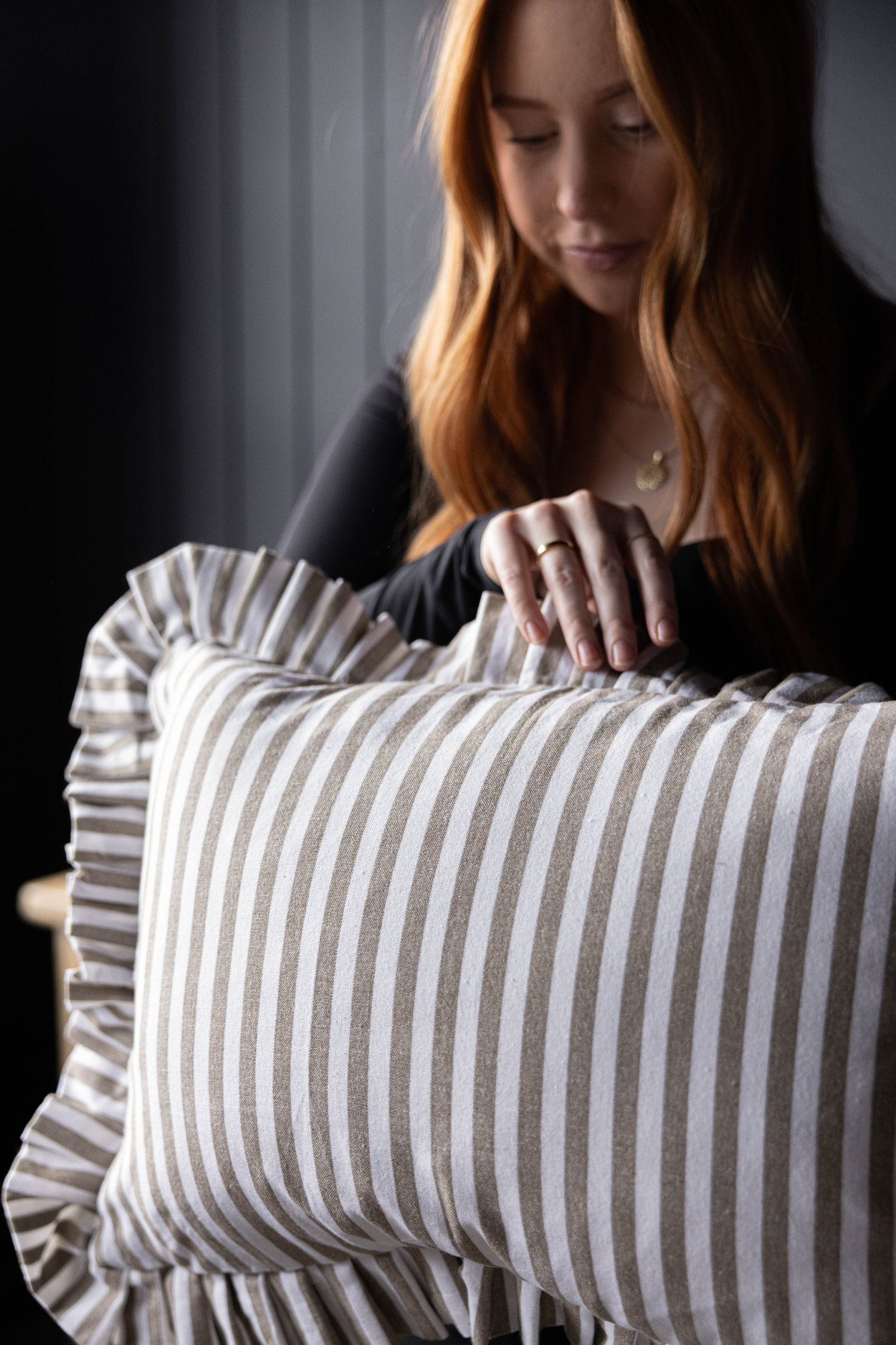 Luxe B Co - Wholesale Throw Pillow Cover - Ruffle Lumbar Pillow Cover Olive Green Stripes2