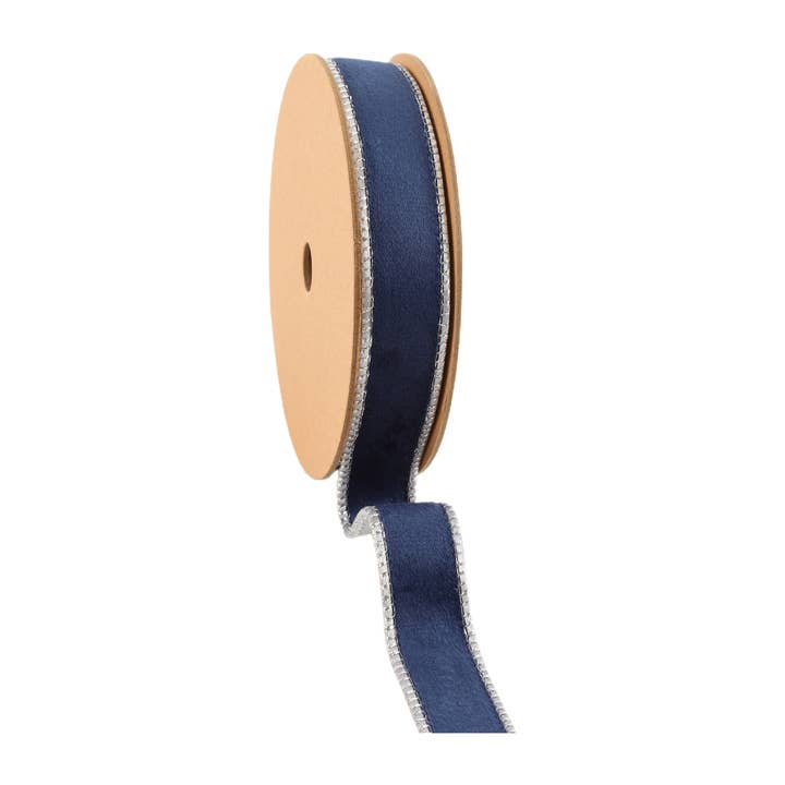 LA Ribbons Wholesale - Wholesale Ribbon - Gift Wrapping - 1" Reversible Classic Velvet Wired Ribbon | Navy/Silver | 10 Yard Roll
2