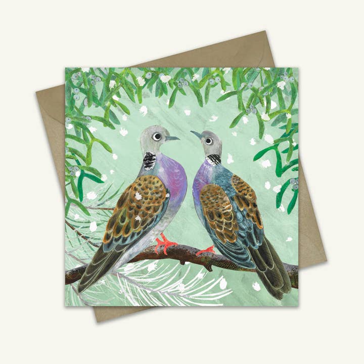 Two Turtle Doves Blank Christmas Greetings Card for wholesale by Kate Read Illustration