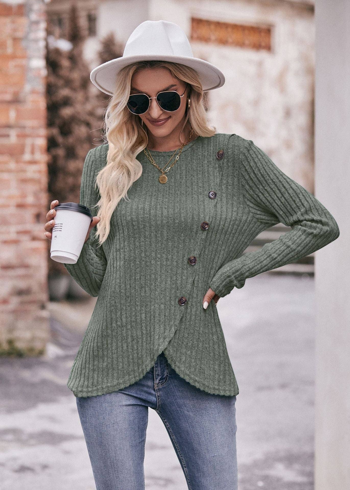 Lovesoft - Wholesale Knit Top - Women's - Round Neck Pit Strip Polished Tulip Hem Solid Color Button T-shirt16