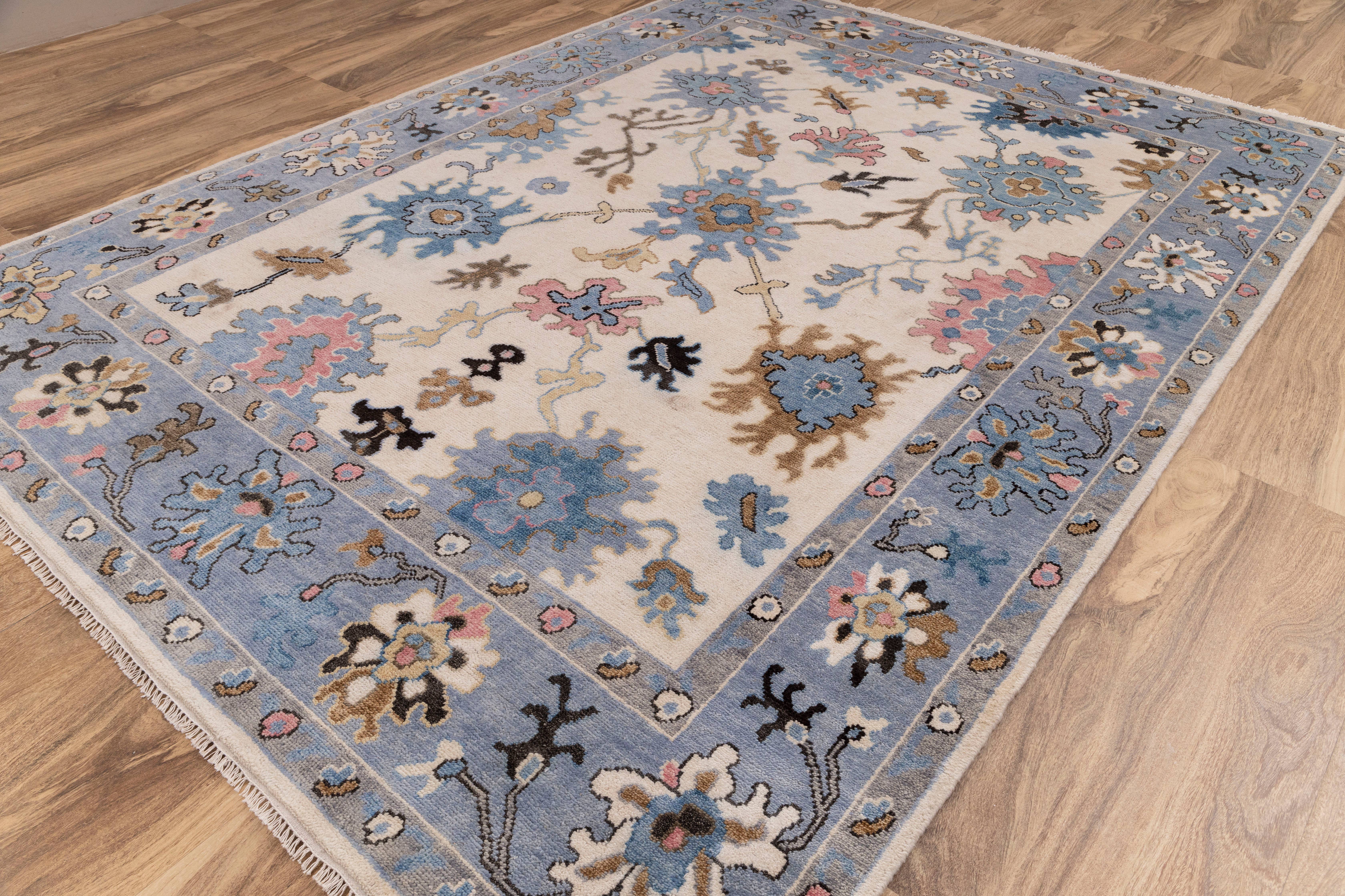 Aesthetic Homes LLC - Wholesale Area Rug - 9x12 Ivory Blue Oushak Wool Rug - Hand Knotted 84085