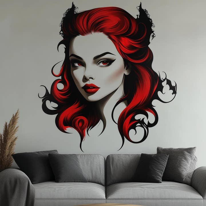 Autocolante de Parede Vampiro Gótico | Autocolante de Mulher de Fantasia Sombria | Arte de Parede Rainha dos Morcegos com Cabelos Ruivos | Mural Vinílico com Estética de Horror | Decoração Assustadora de Halloween por atacado de Decords