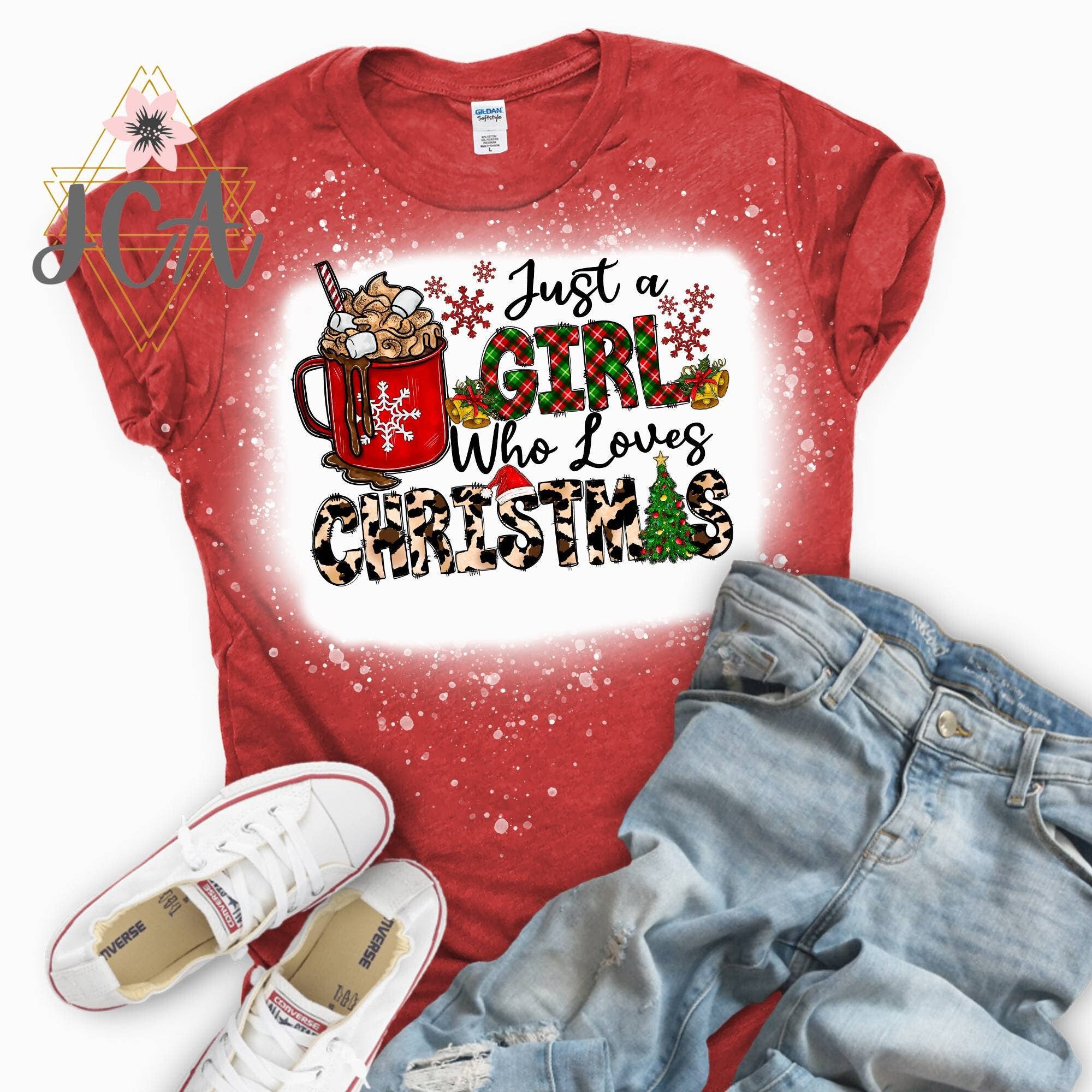 Jocelyn's Comfy Apparel - Wholesale Screen Printed T-Shirt - Women's - Just A Girl Who Loves Christmas Shirt, Bleach Christmas Tee0
