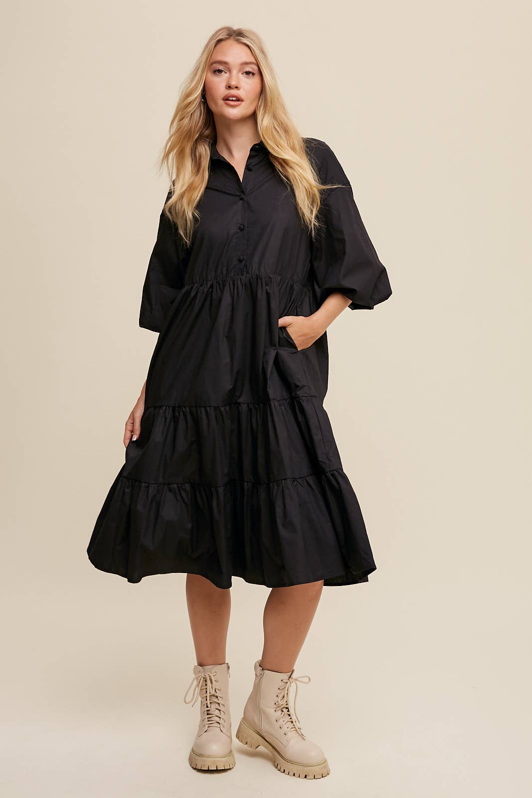Listicle - Wholesale Dress - Women's - Tiered Poplin Shirt Dress1
