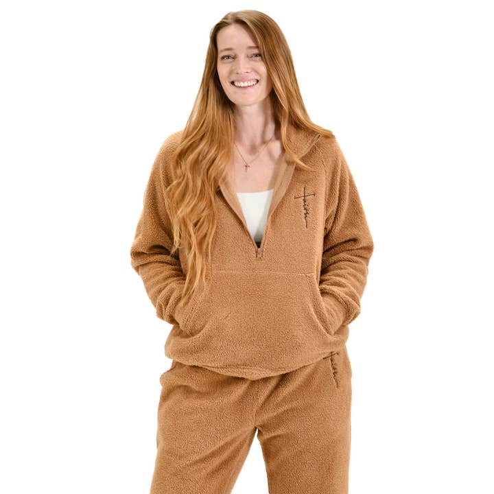 Faith Cross Cozy Sherpa Fleece Half Zip Pullover for wholesale by Love in Faith