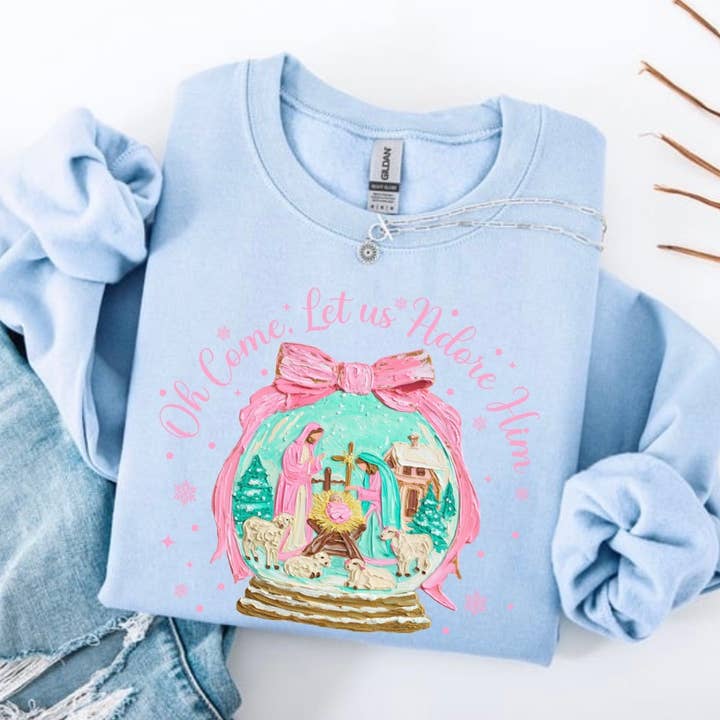 Posh Magnolia Boutique - Wholesale Graphic Sweatshirt - Women's - Oh Come Let Us Adore You Preppy Christmas Sweatshirt 4