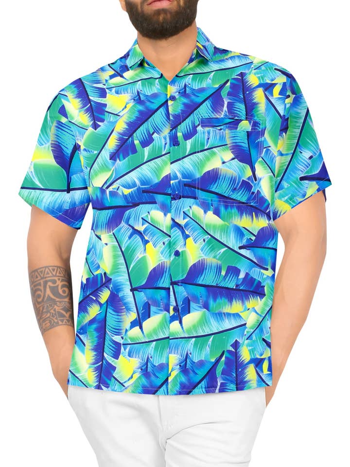 bleu Chemise hawaïenne décontractée à manches courtes pour hommes M en vente sur Faire